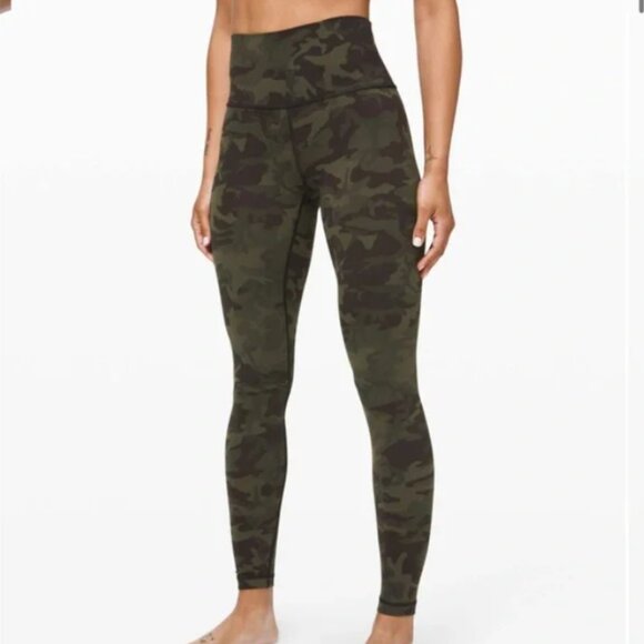 Lululemon Wunder Under High Rise Green Camouflage Pocketless Leggings Size 10 - Picture 1 of 9